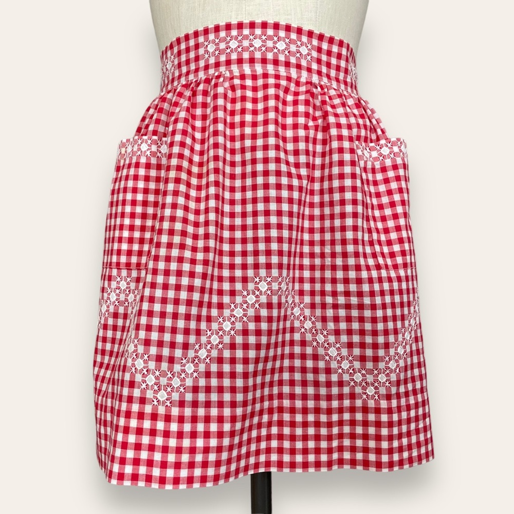 Vintage Half Apron Checkered Red White Embroidery Retro Hostess Quaint Classic